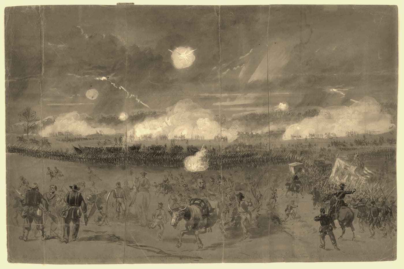 Couch's Corps forming line of battle in the fields at Chancellorsville to cover the retreat of the Eleventh Corps disgracefully runni