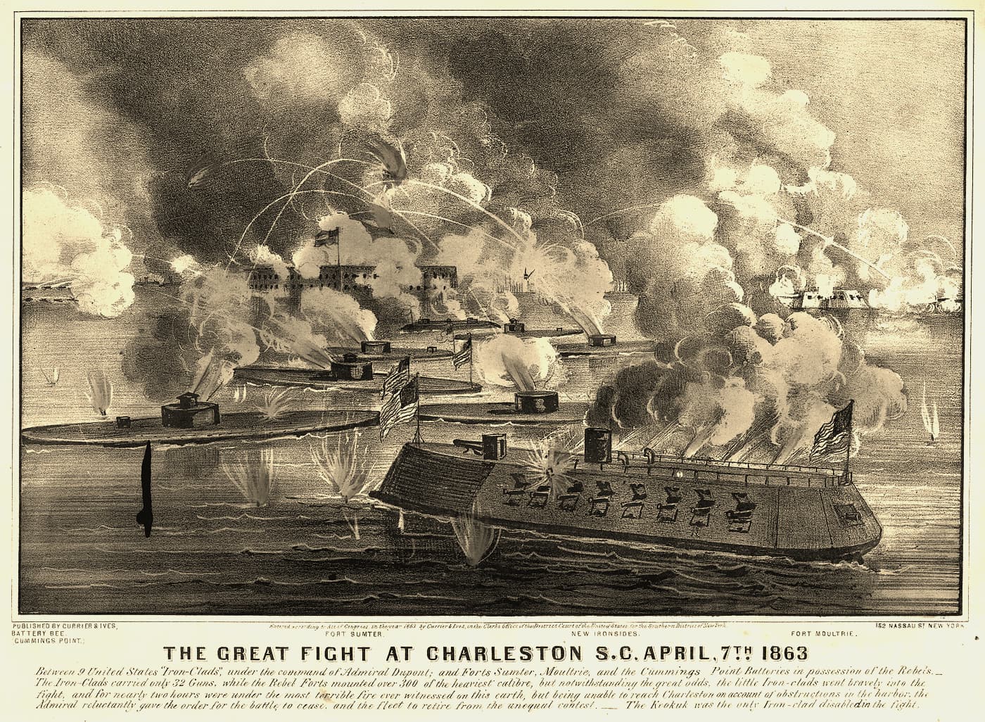 The great fight at Charleston S.C. April, 7th 1863 (a.k.a. First Battle of Charleston Harbor): between 9 United States "Iron-Clads," under t