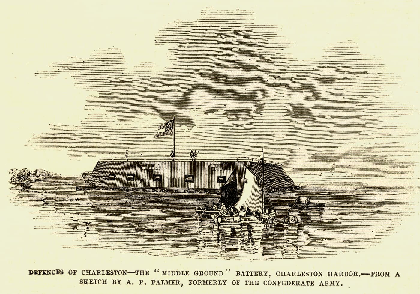 Defences of Charleston - the "middle ground" battery, Charleston Harbor / From a sketch by A.P. Palmer, formerly of the Confederate A
