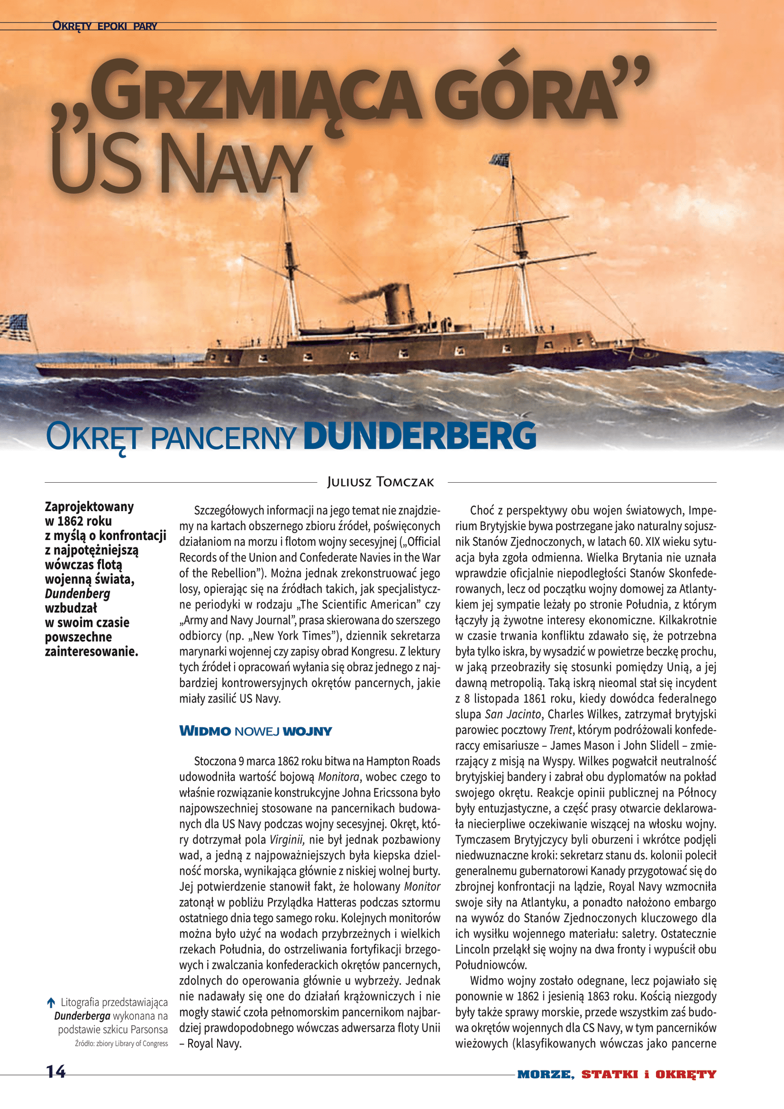 Pierwsza strona artykułu „„Grzmiąca góra”: US Navy – okręt pancerny Dunderberg” w „Morze, statki i okręty”