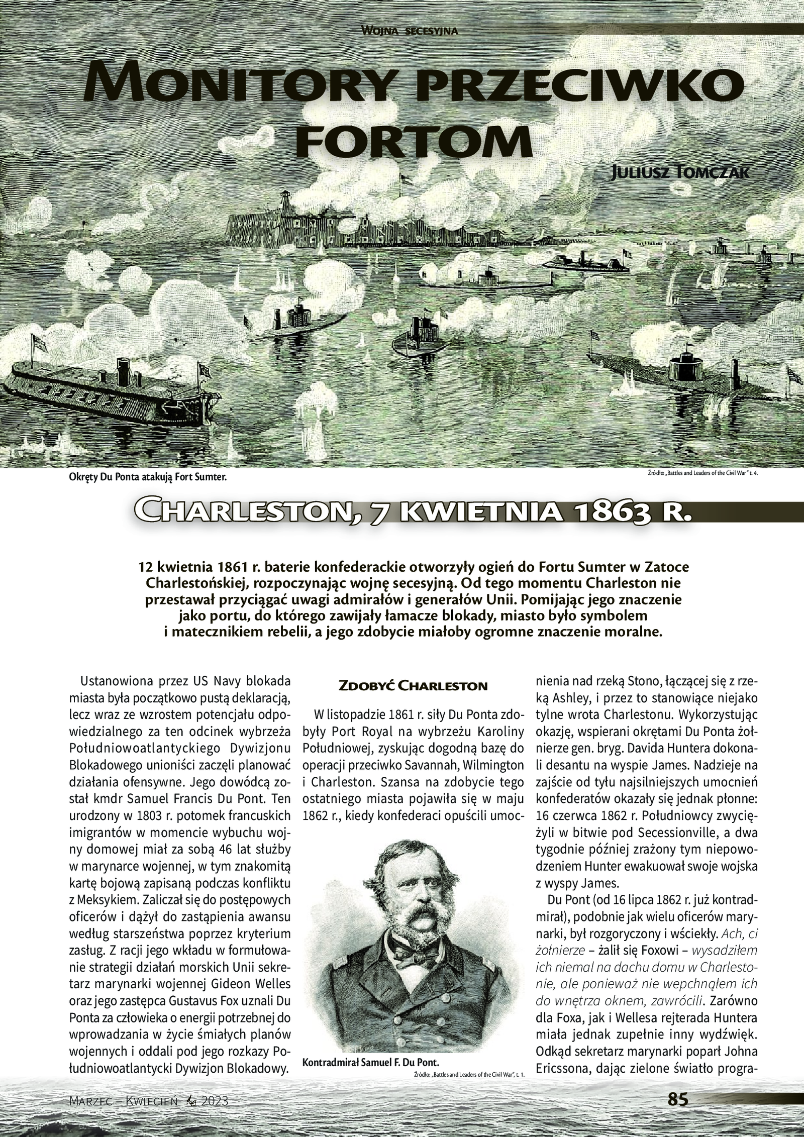 Pierwsza strona artykułu „Monitory przeciwko fortom. Charleston, 7 kwietnia 1863 r.” w „Morze, statki i okręty”