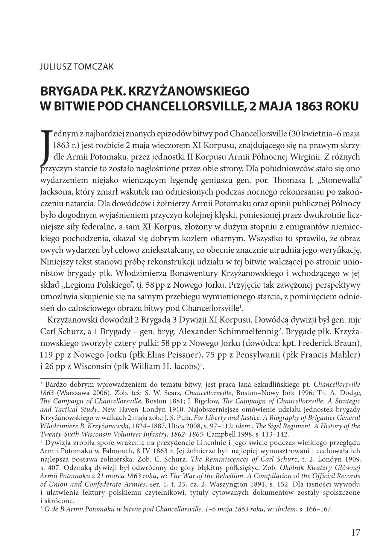 Pierwsza strona artykułu „Brygada pułkownika Włodzimierza Krzyżanowskiego w bitwie pod Chancellorsville, 2 maja 1863 roku” w „Przegląd Historyczno – Wojskowy”