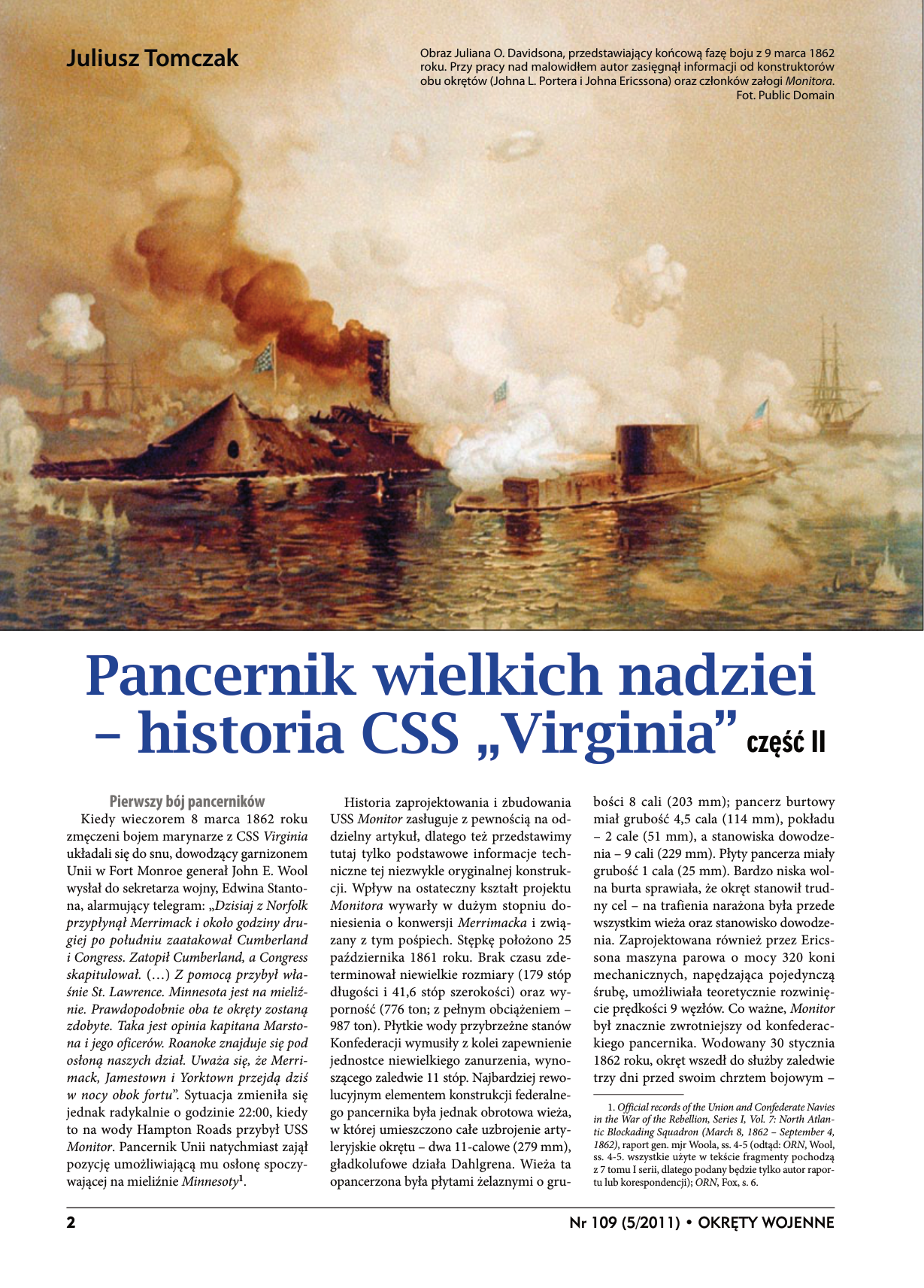 Pierwsza strona artykułu „Pancernik wielkich nadziei, cz. II: historia CSS Virginia” w „Okręty wojenne”