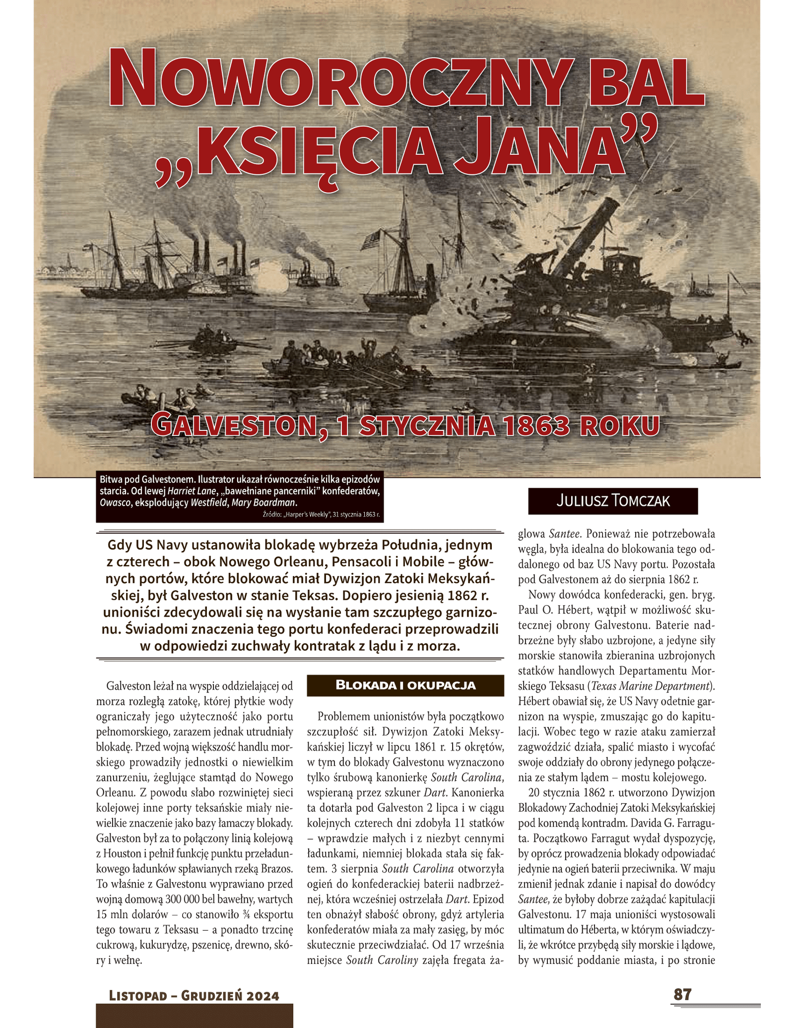 Pierwsza strona artykułu „Noworoczny bal „Księcia Jana”. Galveston, 1 stycznia 1863 roku” w „Morze, statki i okręty”